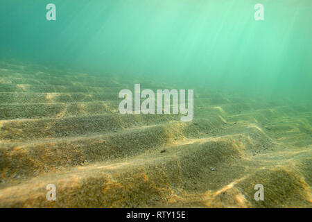 Unterwasser Foto, kleine Sand 'dunes" diagonal so schossen in dieser Perspektive bilden Sie Treppen, Sonnenstrahlen, die von der Meeresoberfläche. Abstrakte marine backgr Stockfoto