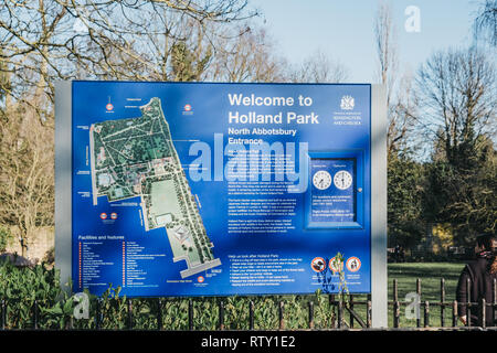 London, UK, 23. Februar 2019: Anmelden Willkommen im Norden Abbotsbury Eintritt ins Holland Park, London. Holland Park ist der größte Park in Kensington und Stockfoto