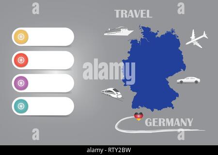 Reisen Deutschland Vorlage Vektor für Reisebüros etc. Vector mit dem Flugzeug, Auto, Bahn und Schiff nähert sich der blinde Karte von Deutschland. Vier leere Stock Vektor