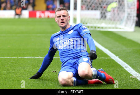 Von Leicester City Jamie Vardy feiert ersten Ziel seiner Seite des Spiels zählen während der Premier League Match an der Vicarage Road, Watford. Stockfoto