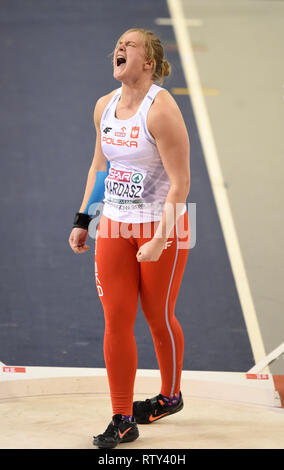 Polens Klaudia Kardasz schreit nach ihr im Schoß der Frauen werfen, während der abschließende Tag drei der Europäischen Indoor Leichtathletik WM im Emirates Arena, Glasgow. Stockfoto