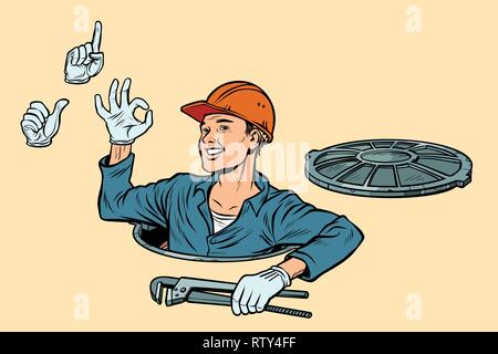 Klempner in den Kanaldeckel. Gesten okay Aufmerksamkeit wie. Pop Art retro Vektor Illustration kitsch Vintage Stock Vektor