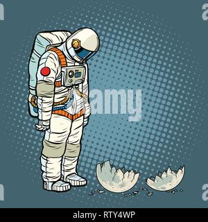 Schuldig Astronaut schaut auf die Ruine der Mond. Pop Art retro Vektor illustration Vintage kitsch Stock Vektor