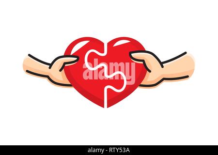 Mann und Frau die rote Herz Puzzle zusammen. Liebe und Partnerschaft. Konzept der Valentinstag. Herzen von zwei Teile eines Puzzles. Vektor illustrati Stock Vektor