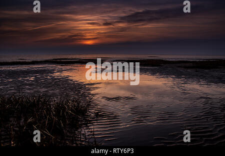 Wirklich schönen Sonnenuntergang im Wattenmeer auf Mandø Ebbevej in der Nähe der ältesten Stadt Ribe Stockfoto