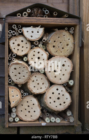 Nahaufnahme einer hausgemachten Bee bee House (Hotel) mit Löchern in verschiedenen Größen in Logs gegen einen Gartenzaun gebohrt Stockfoto