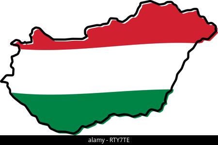 Karte von Ungarn Übersicht vereinfacht, mit leicht gebeugten Flagge unter. Stock Vektor