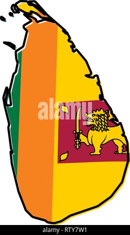 Vereinfachte Karte von Sri Lanka (Ceylon) Umrisse, mit leicht gebeugten Flagge unter. Stock Vektor