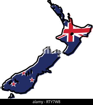 Vereinfachte Karte von Neuseeland Umrisse, mit leicht gebeugten Flagge unter. Stock Vektor
