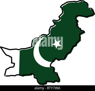 Karte von Pakistan Umrisse vereinfacht, mit leicht gebeugten Flagge unter. Stock Vektor