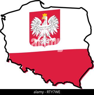 Karte von Polen Umrisse vereinfacht, mit leicht gebogenen Zustand Flag (mit Wappen) darunter. Stock Vektor
