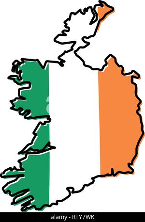 Republik von Irland (ohne Norden British Teil) vereinfachte Karte Umrisse, mit leicht gebeugten Flagge unter. Stock Vektor