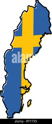Karte von Schweden outline vereinfacht, mit leicht gebeugten Flagge unter. Stock Vektor