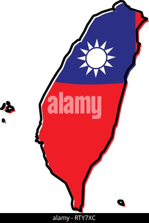Vereinfachte Karte von Taiwan (China) Umrisse, mit leicht gebeugten Flagge unter. Stock Vektor