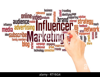 Influencer Marketing word Cloud hand Konzept Schrift auf weißen Hintergrund. Stockfoto