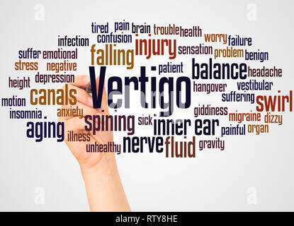 Vertigo Wort cloud und Hand mit Marker Konzept auf weißem Hintergrund. Stockfoto