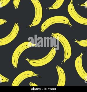 Nahtlose pop art Banane Muster zufällig auf Farbe Hintergrund verteilt. Vector Illustration. Stock Vektor