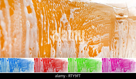 Seite der gelben Auto gewaschen, Shampoo und Schaum auf gelbe Oberfläche. Farbe kann leicht mit Hue Verschiebung in Photo Editor geändert werden. Abstrakte car wash backgroun Stockfoto