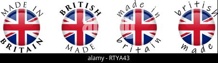 Einfach gemacht in Großbritannien Britische/3D-Schaltfläche Anmelden. Text um Kreis mit Union Jack Flagge. Menschenwürdige und casual font Version. Stock Vektor