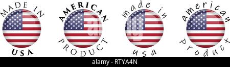 Einfach gemacht in USA/amerikanisches Produkt 3D-Schaltfläche Anmelden. Text um Kreis mit US-Flagge. Menschenwürdige und casual font Version. Stock Vektor