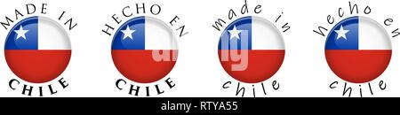 Einfach gemacht in Chile/Spanisch Übersetzung 3D-Schaltfläche Anmelden. Um Kreis Text mit chilenischer Flagge. Menschenwürdige und casual font Version. Stock Vektor