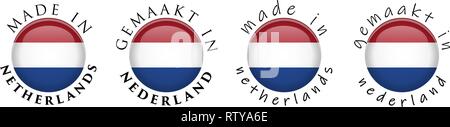 Einfach gemacht in Niederlande/Gemaakt in Nederland (Niederländische Übersetzung) 3D-Schaltfläche Anmelden. Um Kreis Text mit naitional Flagge. Menschenwürdige und casual Font v Stock Vektor