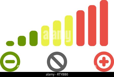 Lautstärke bars Skala Symbol. Grün zu Rot, Farben, mit gekreuzten Kreis für Stummschaltung Zeichen minus für verringern, plus für erhöhen und. Stock Vektor