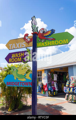 Touristische Zeichen außerhalb von Port Cruise Terminal, Bridgetown, Pfarrei St. Michael, Barbados, Kleine Antillen, Karibik Stockfoto