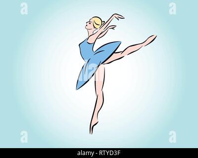 Isoliert auf einem türkisen Hintergrund ist eine tanzende Ballerina in einem blauen Kleid. Stock Vektor