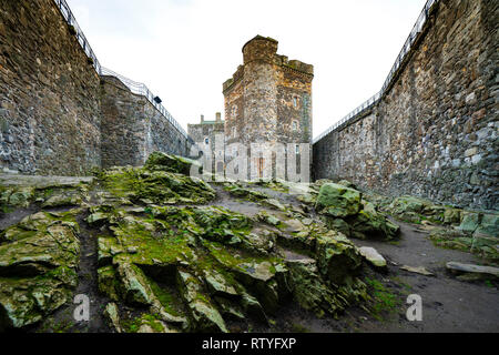 Schwärze Burg eine Festung aus dem 15. Jahrhundert, in der Nähe des Dorfes Schwärze, Schottland, am Südufer des Firth-of-Forth, Schottland, Großbritannien. Schwärzungsgrad Stockfoto