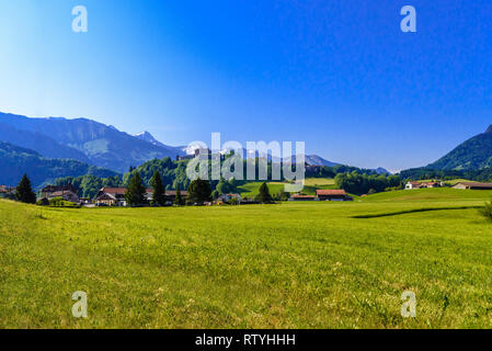 Schloss von Gruyeres mit grünen Wiesen, Haut-Intyamon, Greyerzer, Fribourg, Schweiz Stockfoto