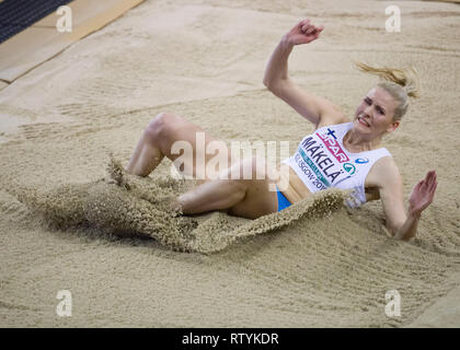 Glasgow, Schottland, Großbritannien. 3. März, 2019. Makela Kirstiina der FIN im Dreisprung der Frauen an Tag 3 der Europäischen Indoor Leichtathletik WM im Emirates Stadion in Glasgow, Schottland. (Foto von Scottish Borders, Medien/Alamy Live News) nur die redaktionelle Nutzung, eine Lizenz für die gewerbliche Nutzung erforderlich. Keine Verwendung in Wetten. Credit: Scottish Borders, Medien/Alamy leben Nachrichten Stockfoto