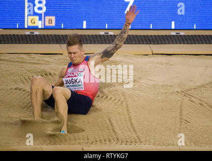 Glasgow, Schottland, Großbritannien. 3. März, 2019. Radek juška während der Männer Weitsprung Finale an Tag 3 der Europäischen Indoor Leichtathletik WM im Emirates Stadion in Glasgow, Schottland. (Foto von Scottish Borders, Medien/Alamy Live News) nur die redaktionelle Nutzung, eine Lizenz für die gewerbliche Nutzung erforderlich. Keine Verwendung in Wetten. Credit: Scottish Borders, Medien/Alamy leben Nachrichten Stockfoto