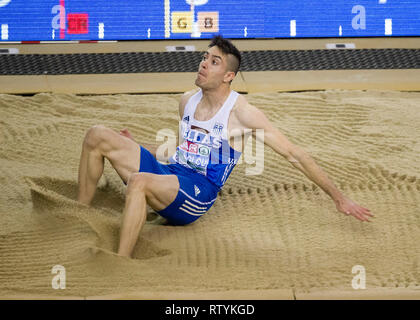 Glasgow, Schottland, Großbritannien. 3. März, 2019. Miltiádis tentóglou während der Männer Weitsprung Finale an Tag 3 der Europäischen Indoor Leichtathletik WM im Emirates Stadion in Glasgow, Schottland. (Foto von Scottish Borders, Medien/Alamy Live News) nur die redaktionelle Nutzung, eine Lizenz für die gewerbliche Nutzung erforderlich. Keine Verwendung in Wetten. Credit: Scottish Borders, Medien/Alamy leben Nachrichten Stockfoto
