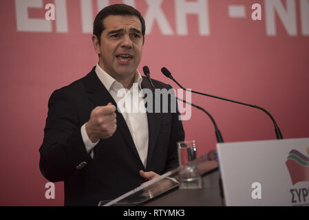 Athen, Griechenland. 3 Mär, 2019. Griechische Premierminister und SYRIZA-Führer, Alexis TSIPRAS, Adressen Mitglieder des Zentralkomitees der Partei. Syrizas Zentralkomitee, das oberste Entscheidungsorgan der Partei, montiert, um für die bevorstehenden Wahlen des Europäischen Parlaments 2019 vorzubereiten. Credit: Nikolas Georgiou/ZUMA Draht/Alamy leben Nachrichten Stockfoto