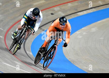 Track Cycling World Championships 2019 UCI am 2. März 2019 an die BGZ Arena in Pruszk, Polen. Harrie Lavreysen NED gewinnt erstes Rennen gegen Nathan hart aus während der Mens Sprint Credit: Sander Chamid/SCS/LBA/Alamy leben Nachrichten Stockfoto