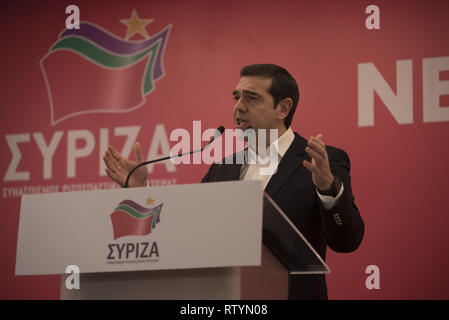 Athen, Griechenland. 3 Mär, 2019. Griechische Premierminister und SYRIZA-Führer, Alexis TSIPRAS, Adressen Mitglieder des Zentralkomitees der Partei. Syrizas Zentralkomitee, das oberste Entscheidungsorgan der Partei, montiert, um für die bevorstehenden Wahlen des Europäischen Parlaments 2019 vorzubereiten. Credit: Nikolas Georgiou/ZUMA Draht/Alamy leben Nachrichten Stockfoto