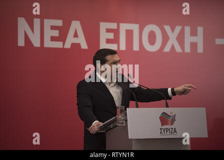 Athen, Griechenland. 3 Mär, 2019. Griechische Premierminister und SYRIZA-Führer, Alexis TSIPRAS, Adressen Mitglieder des Zentralkomitees der Partei. Syrizas Zentralkomitee, das oberste Entscheidungsorgan der Partei, montiert, um für die bevorstehenden Wahlen des Europäischen Parlaments 2019 vorzubereiten. Credit: Nikolas Georgiou/ZUMA Draht/Alamy leben Nachrichten Stockfoto