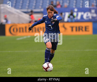 Nashville, USA. 02 Mär, 2019. Japans Frauen Nationalmannschaft Mittelfeldspieler, NAKAJIMA Emi (7), bewegt sich die Kugel unten Feld während des internationalen Fußball-Match zwischen Brasilien und Japan, in der Sie glaubt, Schale, bei Nissan Stadion in Nashville, TN. Kevin Langley/Sport Süd Media/CSM/Alamy leben Nachrichten Stockfoto