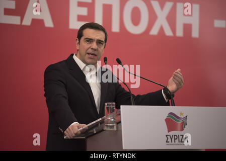 Athen, Griechenland. 3 Mär, 2019. Griechische Premierminister und SYRIZA-Führer, Alexis TSIPRAS, Adressen Mitglieder des Zentralkomitees der Partei. Syrizas Zentralkomitee, das oberste Entscheidungsorgan der Partei, montiert, um für die bevorstehenden Wahlen des Europäischen Parlaments 2019 vorzubereiten. Credit: Nikolas Georgiou/ZUMA Draht/Alamy leben Nachrichten Stockfoto