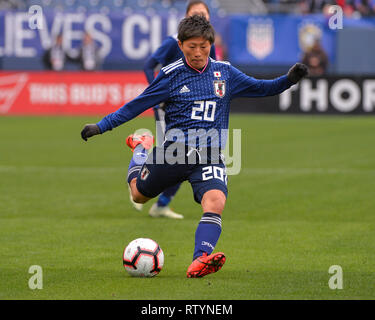 Nashville, USA. 02 Mär, 2019. Japans Frauen Nationalmannschaft freuen, YOKOYAMA Kumi (20), bereitet die Kugel während des internationalen Fußball-Match zwischen Brasilien und Japan zu treten, in der Sie glaubt, Schale, bei Nissan Stadion in Nashville, TN. Kevin Langley/Sport Süd Media/CSM/Alamy leben Nachrichten Stockfoto