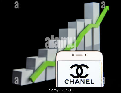 Hong Kong. 10 Feb, 2019. Französische multinationale Chanel Logo ist auf ein Android mobile Gerät mit einem Aufstieg Wachstumsdiagramm im Hintergrund zu sehen. Credit: Budrul Chukrut/SOPA Images/ZUMA Draht/Alamy leben Nachrichten Stockfoto