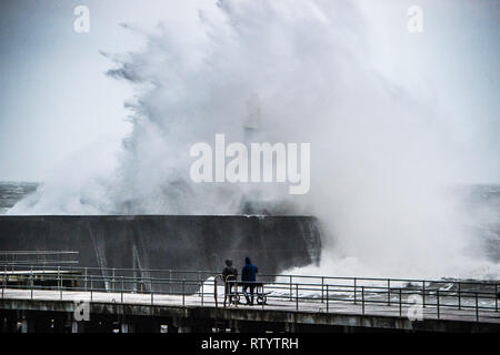 Aberystwyth, Großbritannien. 3. März 2019. UK Wetter: Sturm Freya, die neuesten Tropensturm Großbritannien zu schlagen, Streiks mit Ihrem vollen Kraft gegen den Hafen Abwehr in Aberystwyth am Sonntag Abend. Das Met Office hat eine gelbe Warnmeldung für viel von den westlichen Teilen des Vereinigten Königreichs ausgestellt, mit Böen zwischen 70 und 80 mph Prognose für die freiliegenden Irischen Küsten über Nacht heute abend, mit der Gefahr der Beschädigung von Eigentum und schwere Verletzungen von Personen durch umherfliegende Teile. Foto: Keith Morris/Alamy leben Nachrichten Stockfoto