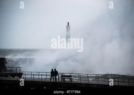 Aberystwyth, Großbritannien. 3. März 2019. UK Wetter: Sturm Freya, die neuesten Tropensturm Großbritannien zu schlagen, Streiks mit Ihrem vollen Kraft gegen den Hafen Abwehr in Aberystwyth am Sonntag Abend. Das Met Office hat eine gelbe Warnmeldung für viel von den westlichen Teilen des Vereinigten Königreichs ausgestellt, mit Böen zwischen 70 und 80 mph Prognose für die freiliegenden Irischen Küsten über Nacht heute abend, mit der Gefahr der Beschädigung von Eigentum und schwere Verletzungen von Personen durch umherfliegende Teile. Foto: Keith Morris/Alamy leben Nachrichten Stockfoto