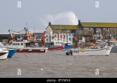 Lyme Regis, Großbritannien. 3. März, 2019. Riesige Wellen von Sturm- und Freya Teig Lyme Regis Meer. Met Office hat eine gelbe Warnmeldung für viel der Südwesten Großbritannien Wind, der zu über 60 km/h erwarten verursacht Störungen und Schäden. Credit: PaulChambers/Alamy leben Nachrichten Stockfoto