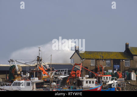 Lyme Regis, Großbritannien. 3. März, 2019. Riesige Wellen von Sturm- und Freya Teig Lyme Regis Meer. Met Office hat eine gelbe Warnmeldung für viel der Südwesten Großbritannien Wind, der zu über 60 km/h erwarten verursacht Störungen und Schäden. Credit: PaulChambers/Alamy leben Nachrichten Stockfoto