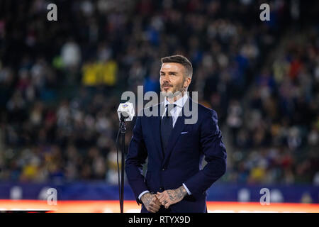 Carson, USA. 2. März, 2019. David Beckham ist zur Halbzeit der 2019 Saisonauftakt der Galaxie gefeiert. Vor dem Spiel der Club eine Statue von Beckham vorgestellt und eingesetzt zu ihm in den Ring der Ehre. Credit: Ben Nichols/Alamy leben Nachrichten Stockfoto