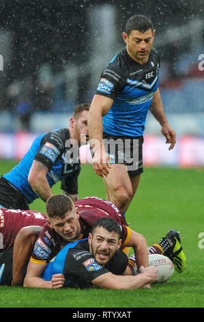 Huddersfield, Großbritannien, 3 3 2019. 03. März 2019. John Smiths Stadion, Huddersfield, England; Rugby League Betfred Super League, Huddersfield Riesen vs Rumpf FC; Jake Connor beschwert sich. Dean Williams Stockfoto