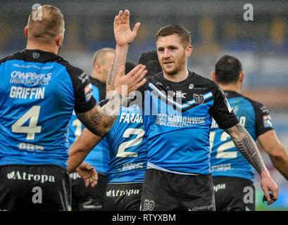 Huddersfield, Großbritannien, 3 3 2019. 03. März 2019. John Smiths Stadion, Huddersfield, England; Rugby League Betfred Super League, Huddersfield Riesen vs Rumpf FC; Marc Sneyd Dean Williams Stockfoto