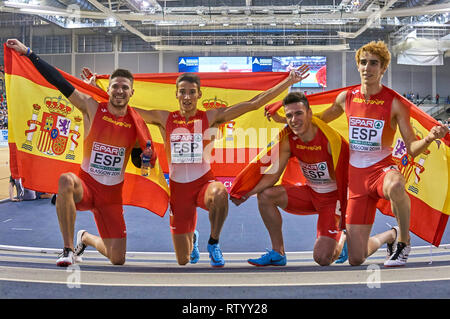 Glasgow, Vereinigtes Königreich: 3. März 2019: Spanische Relais Männer Team gewinnt Gold in der 4 x 400 m über die Europäische Leichtathletik Indoor Championships 2019. Credit: Pawel Pietraszewski/Alamy Nachrichten Stockfoto